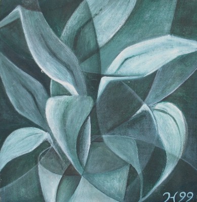 Acrylbild Einblatt in Türkis und Petrol  vor schwarzem Hintergrund